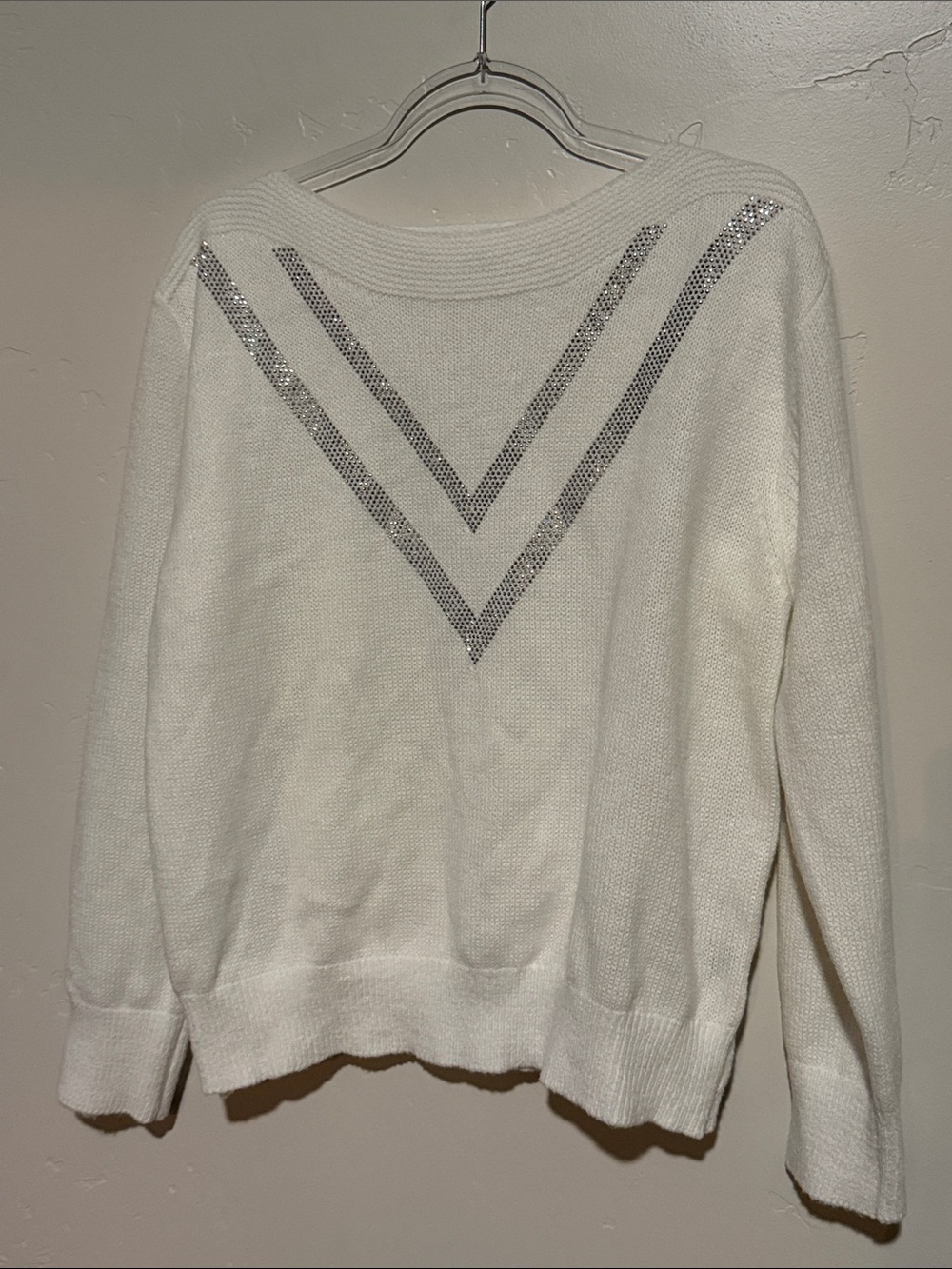 SHEIN White Chevron Drop Shoulder Sweater with Silver Crystal Accents